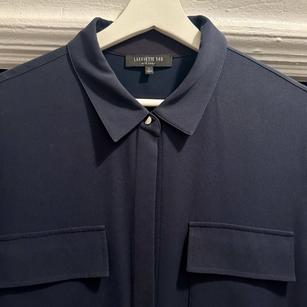 Lafayette 148 Short Sleeve Doha Midi Shirtdress in Midnight Blue Size Large